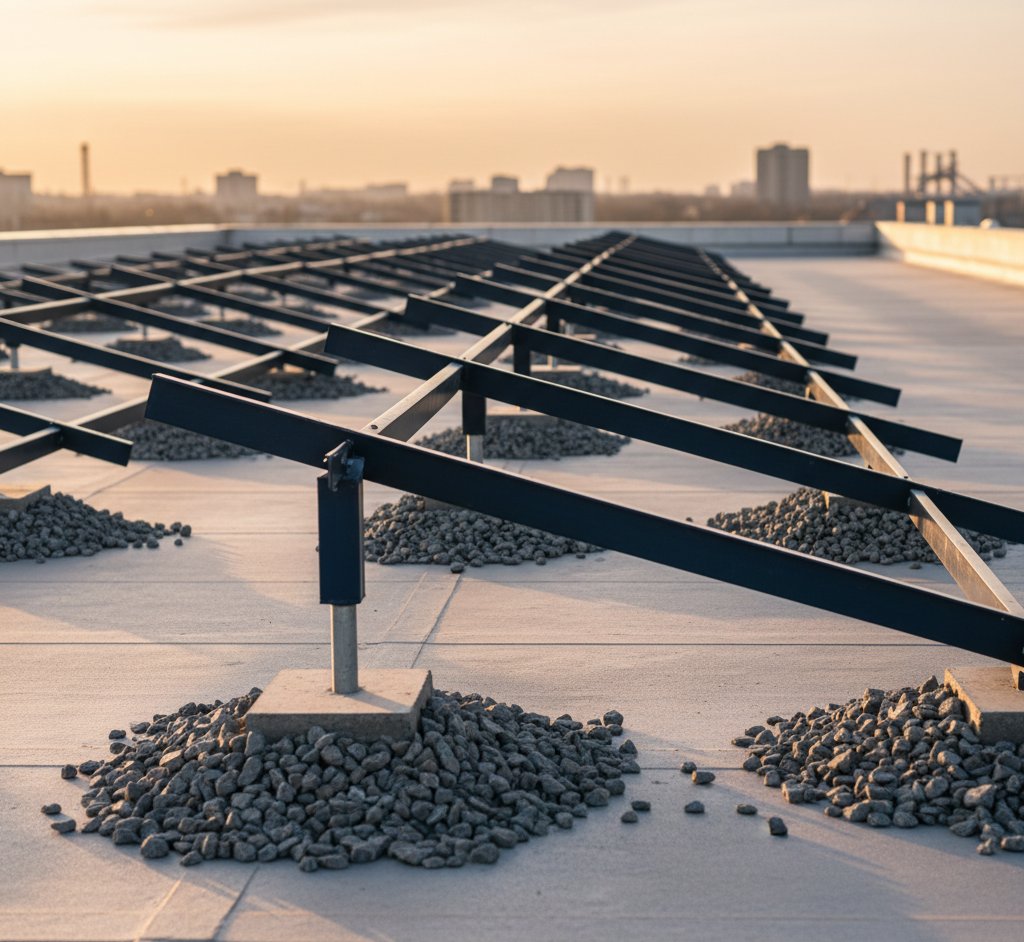 Solar panels installed on tilt frames on a flat roof