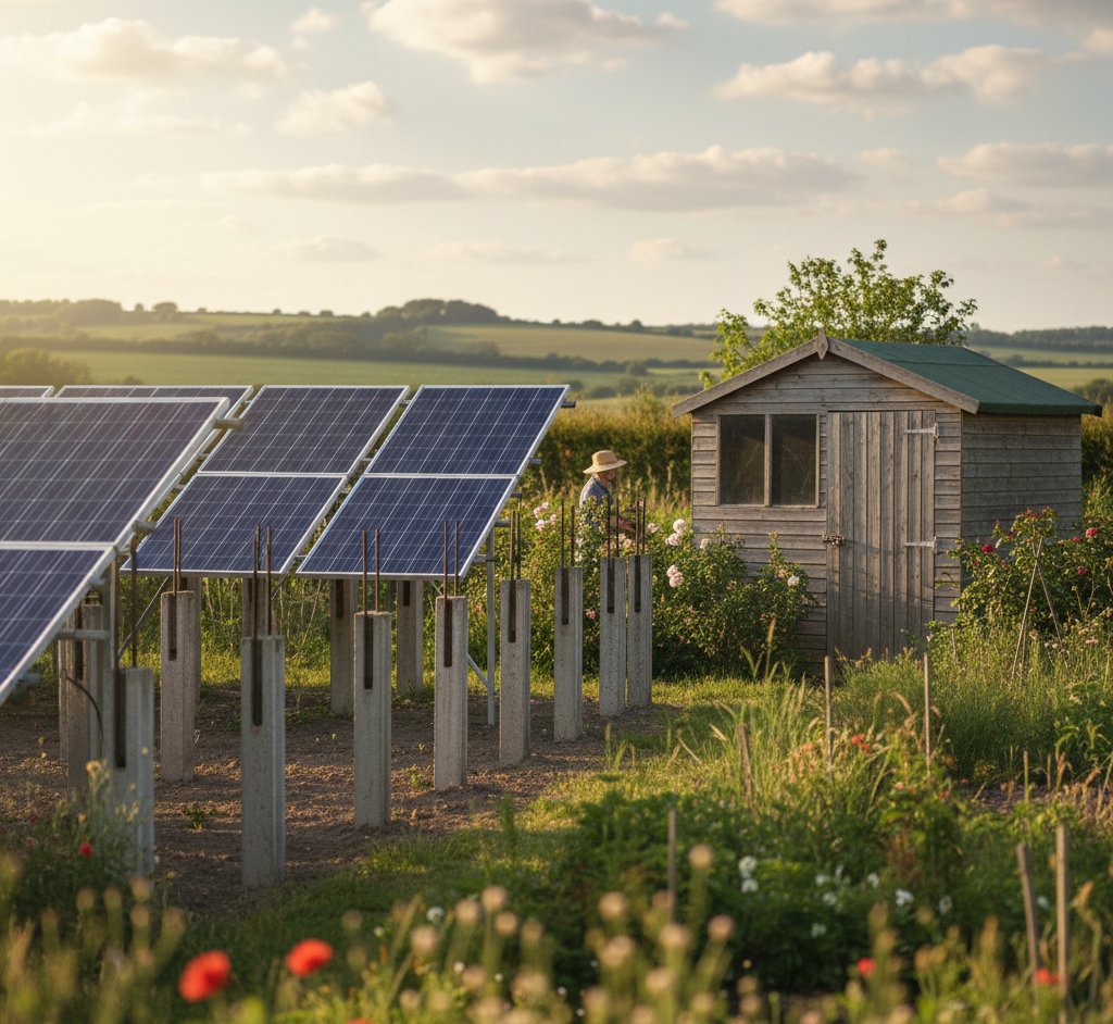 Ground-mounted solar panel array in a UK garden