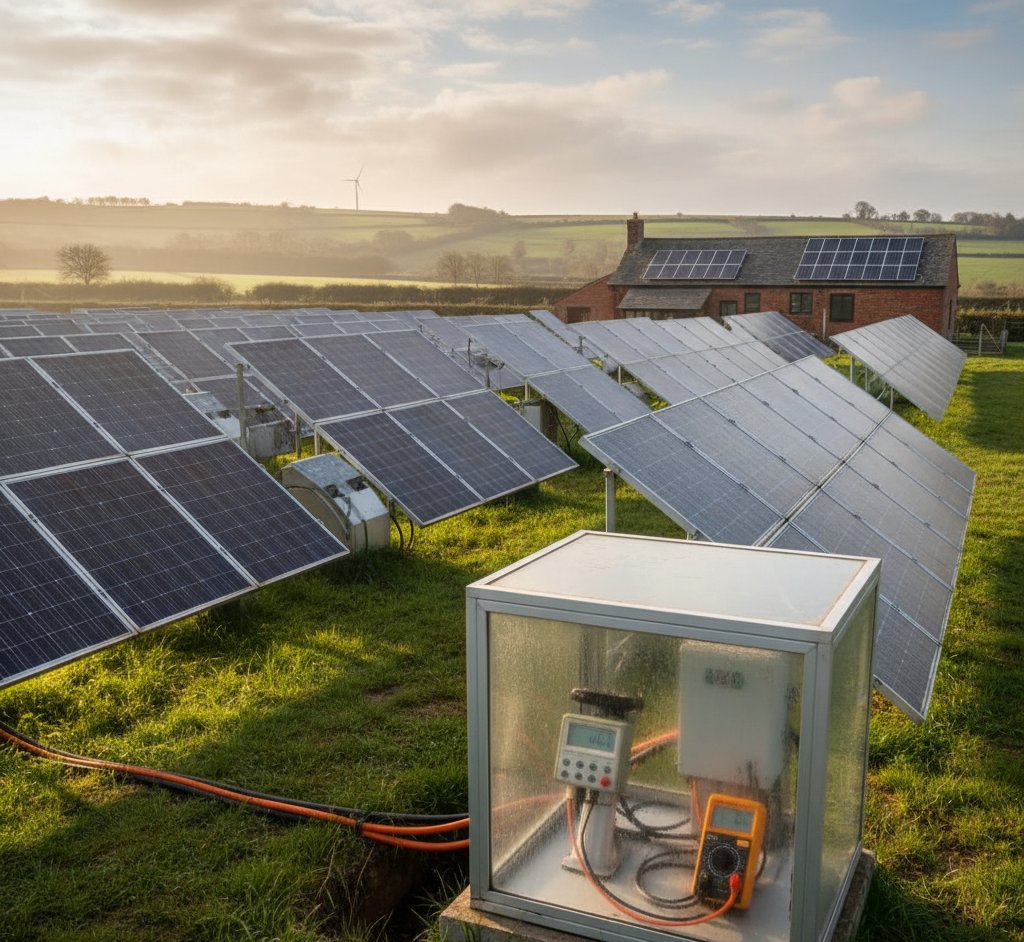 Solar panels generating electricity on a sunny UK rooftop