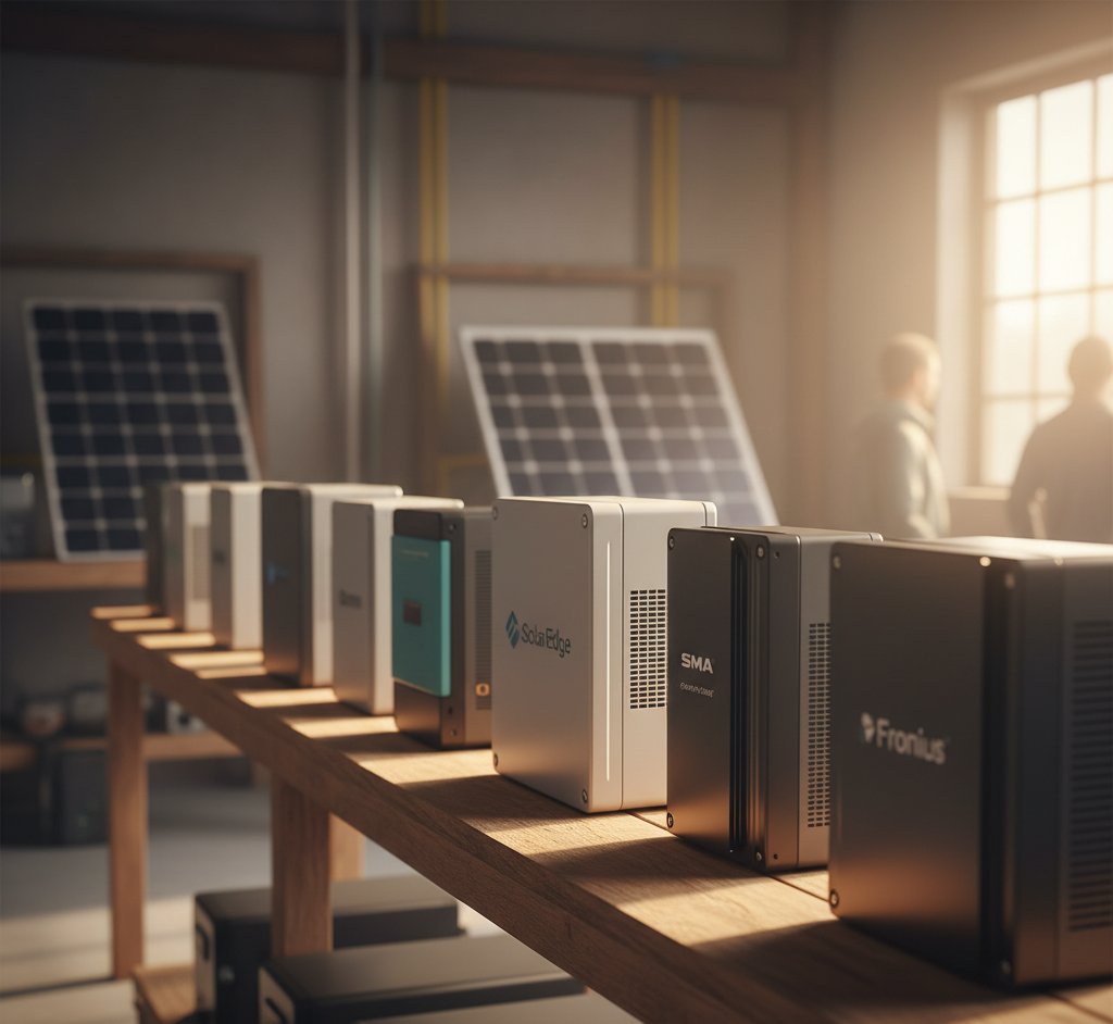 Multiple solar inverter brands displayed for comparison