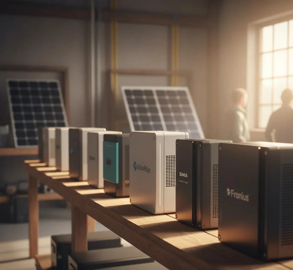 Multiple solar inverter brands displayed for comparison