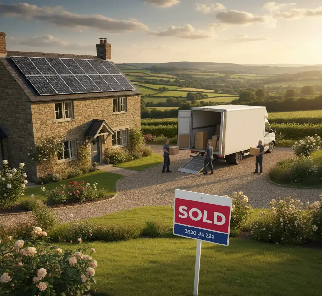 House with solar panels on the roof being sold with a for-sale sign