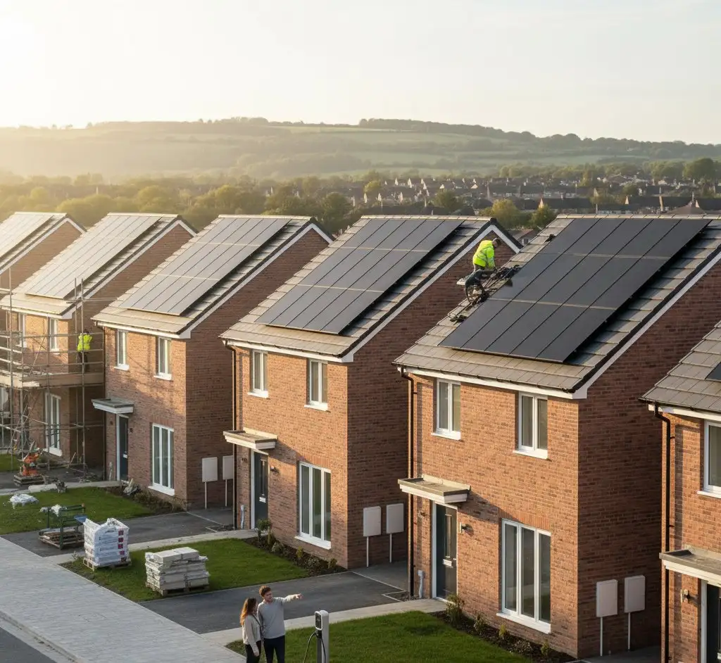 New build houses with solar panels installed on roofs by developers