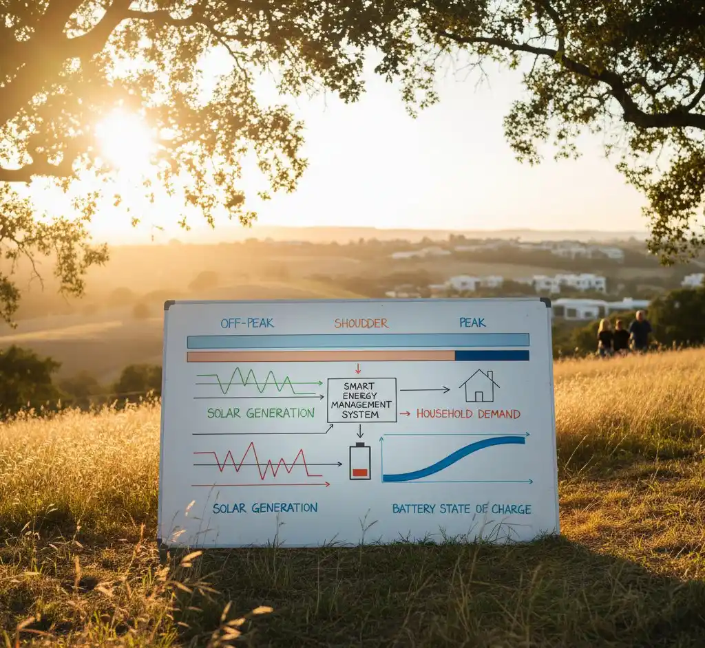 Smart meter and solar battery system displaying time-of-use electricity rates