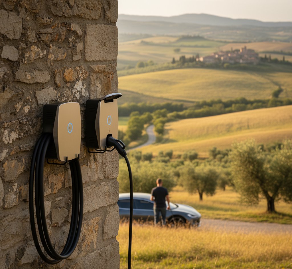 Electric vehicle plugged into a home charging station on a residential driveway